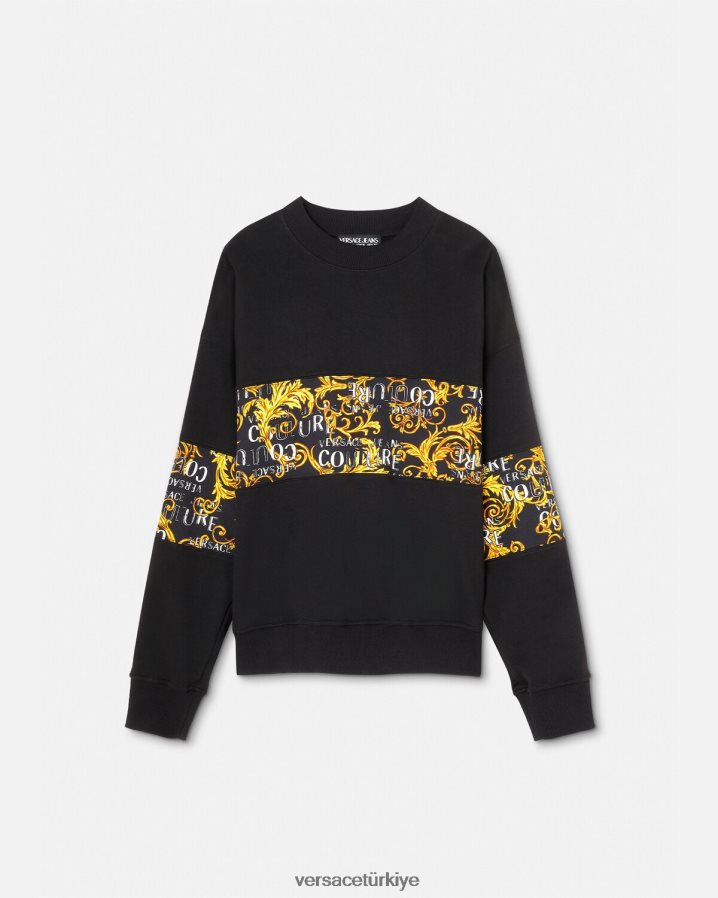 Versace logolu couture sweatshirt erkekler siyah altın Giyim B0HHR82407