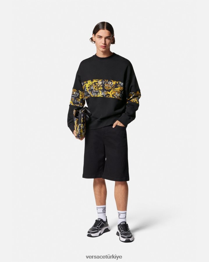 Versace logolu couture sweatshirt erkekler siyah altın Giyim B0HHR82407