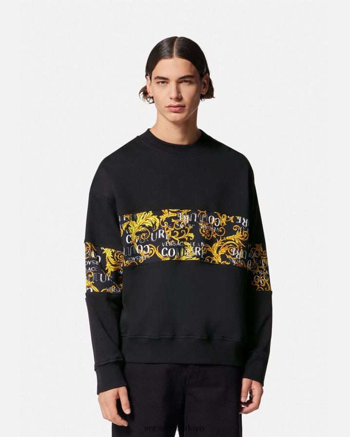 Versace logolu couture sweatshirt erkekler siyah altın Giyim B0HHR82407