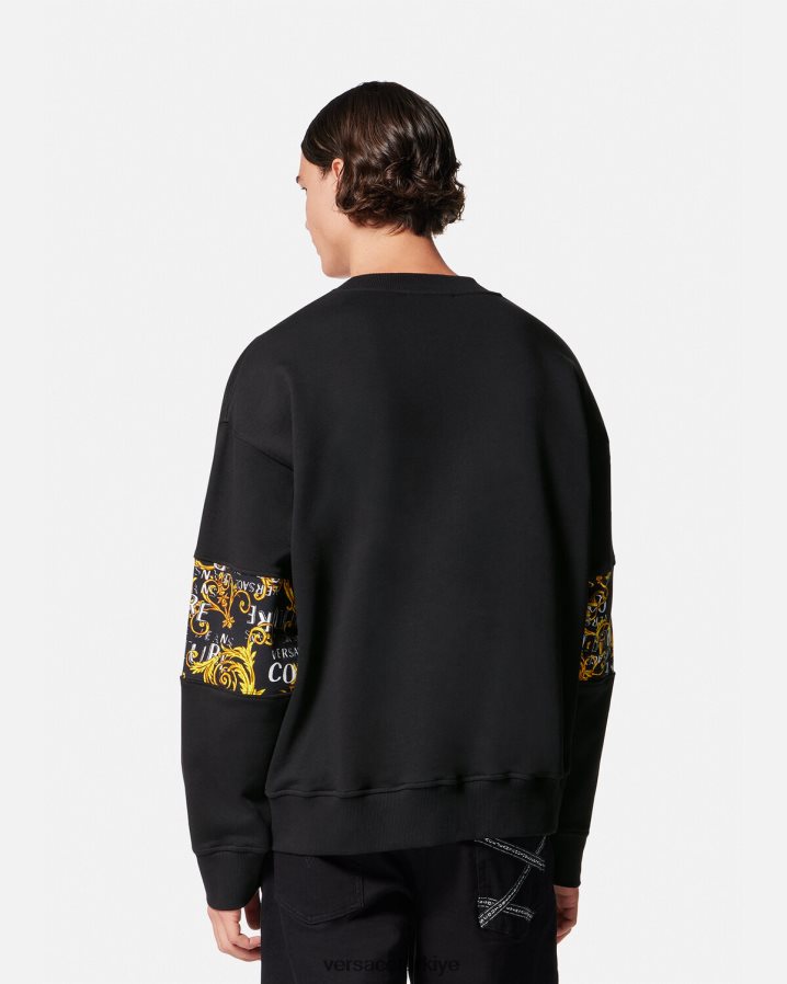 Versace logolu couture sweatshirt erkekler siyah altın Giyim B0HHR82407