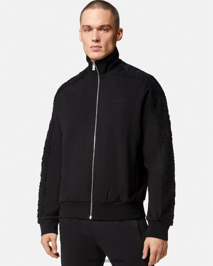 Versace logolu havlu fermuarlı sweatshirt erkekler siyah Giyim B0HHR81427