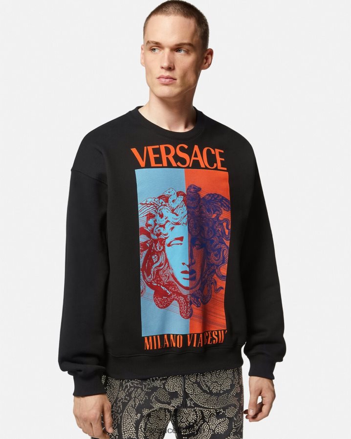 Versace medusa grafikli sweatshirt erkekler siyah Giyim B0HHR81428