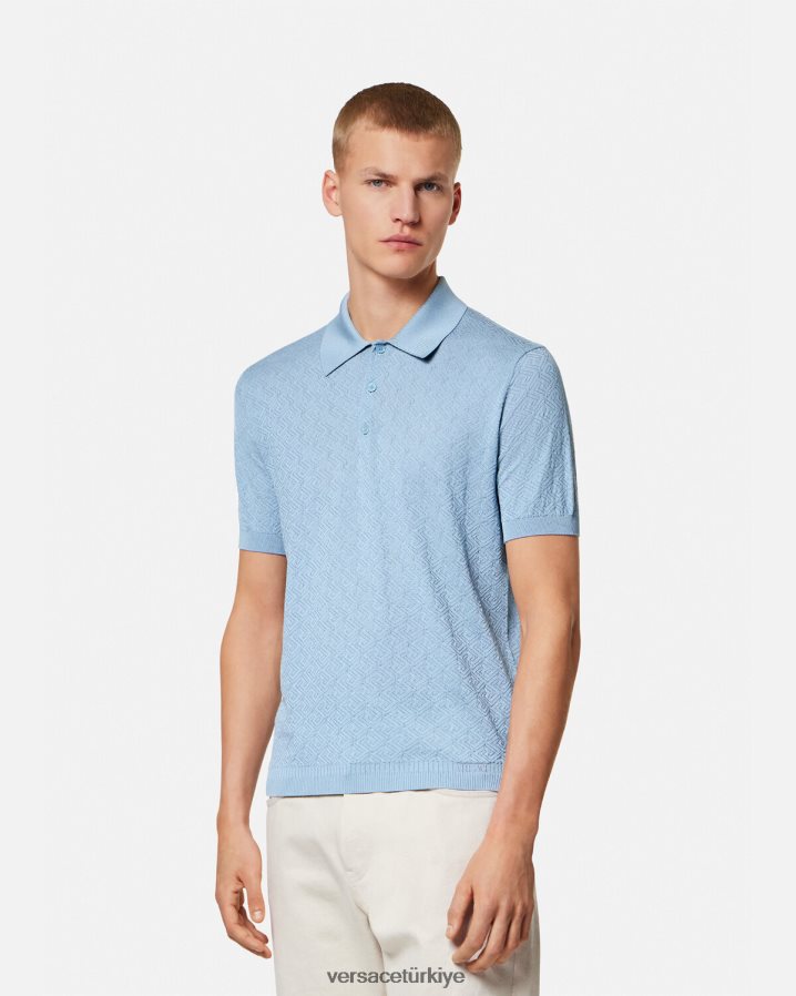 Versace la greca kısa kollu örgü polo gömlek erkekler mavi Giyim B0HHR81330