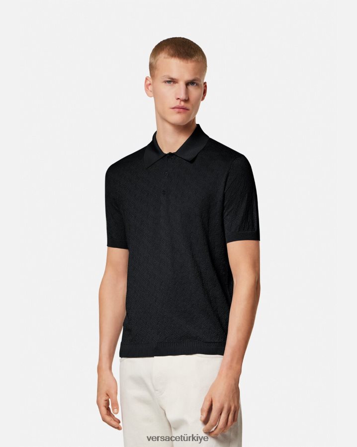 Versace la greca kısa kollu örgü polo gömlek erkekler siyah Giyim B0HHR81328