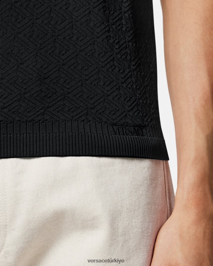 Versace la greca kısa kollu örgü polo gömlek erkekler siyah Giyim B0HHR81328