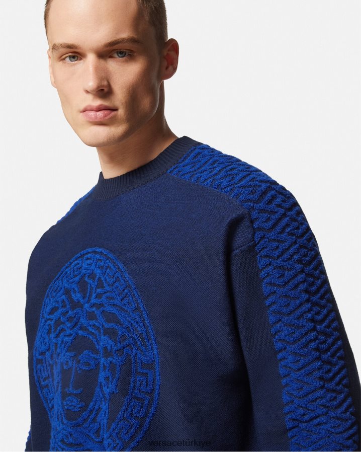 Versace la greca medusa havlu kazak erkekler mavi Giyim B0HHR81338