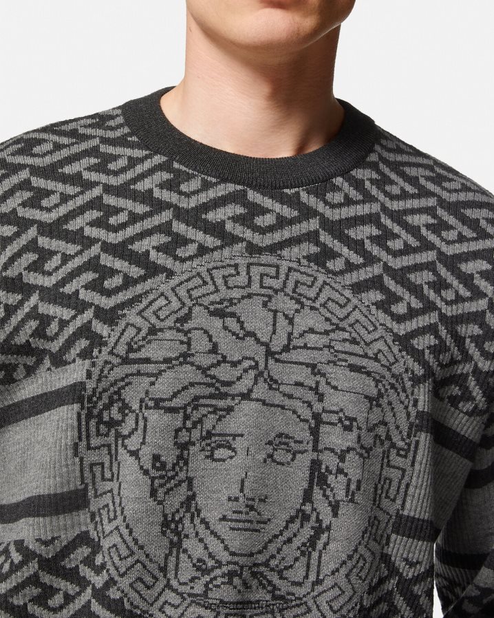 Versace la greca medusa jakarlı kazak erkekler gri siyah Giyim B0HHR81339