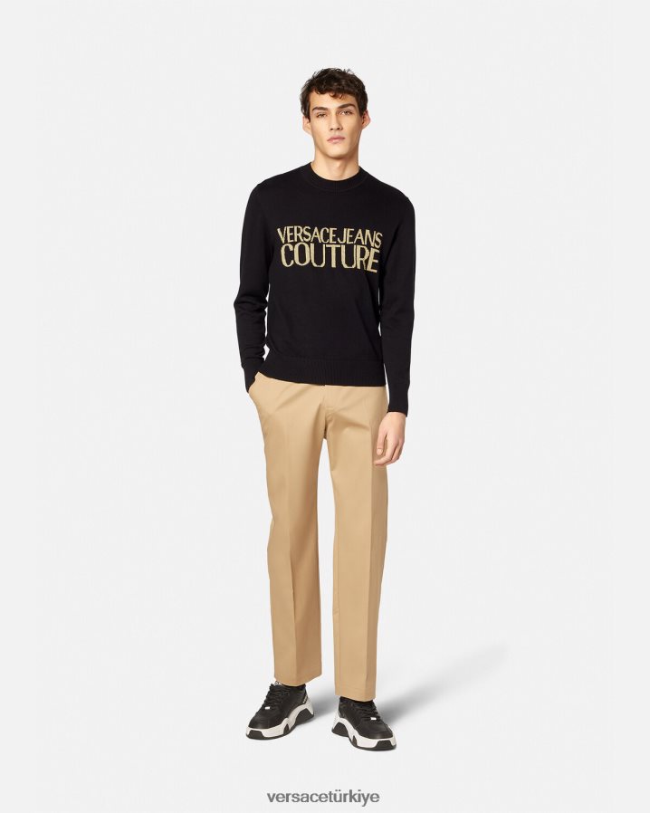 Versace logolu örgü kazak erkekler siyah ve baskı Giyim B0HHR82421