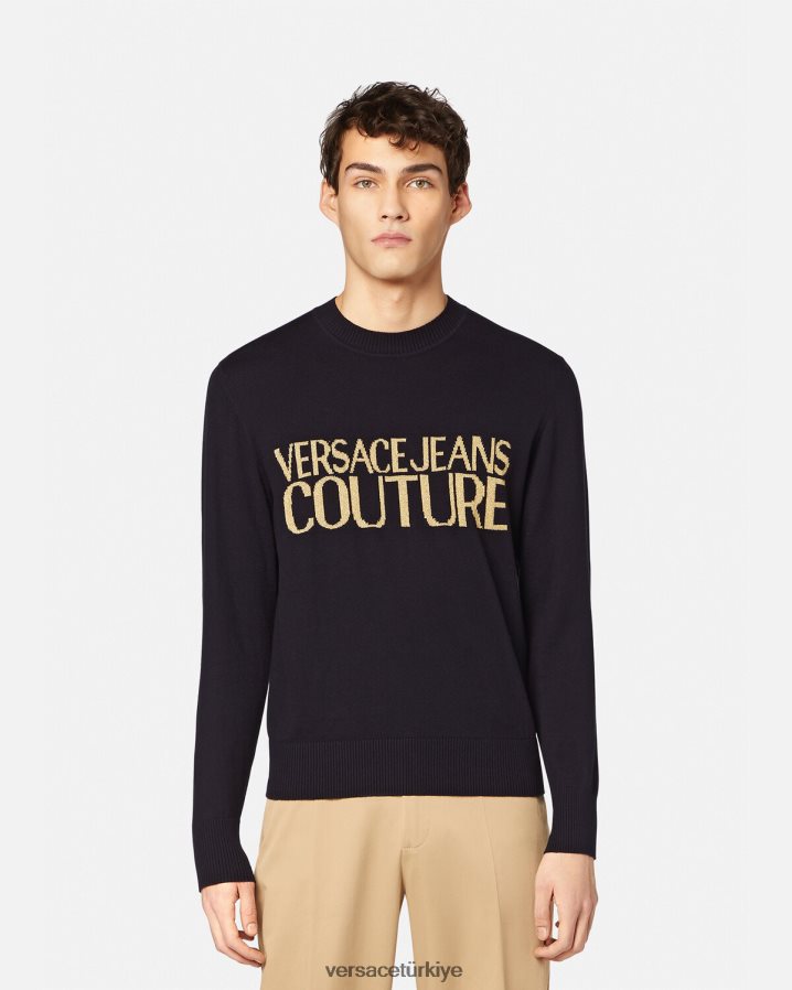 Versace logolu örgü kazak erkekler siyah ve baskı Giyim B0HHR82421