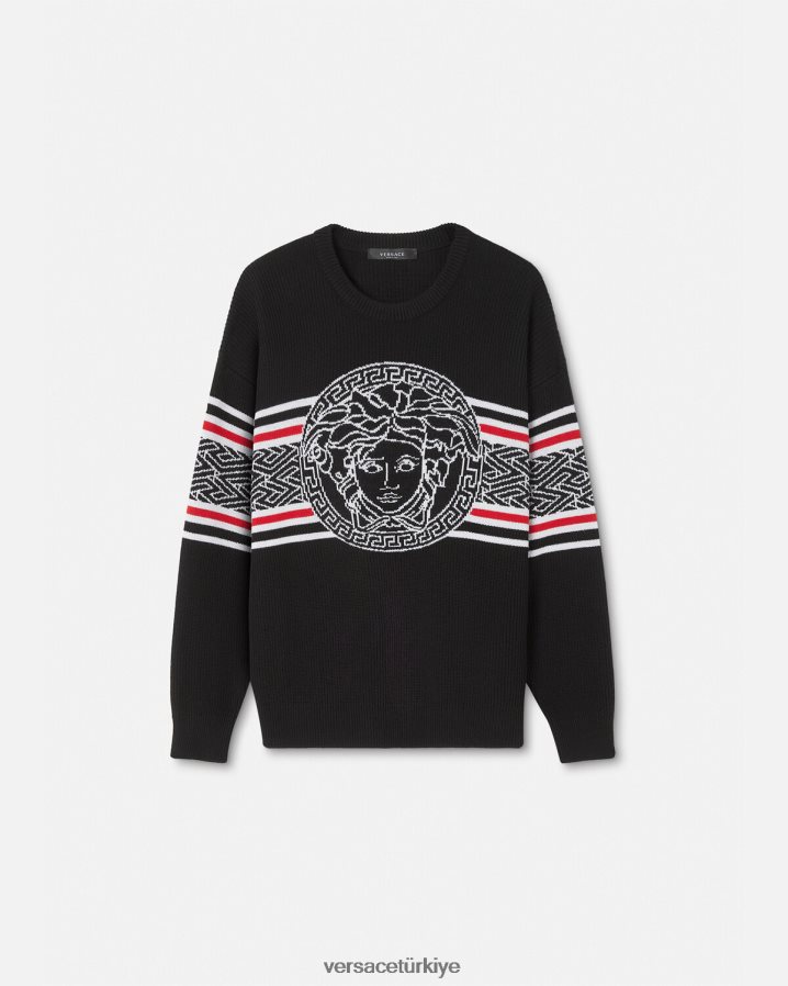 Versace medusa çizgili jakarlı kazak erkekler siyah Giyim B0HHR81344