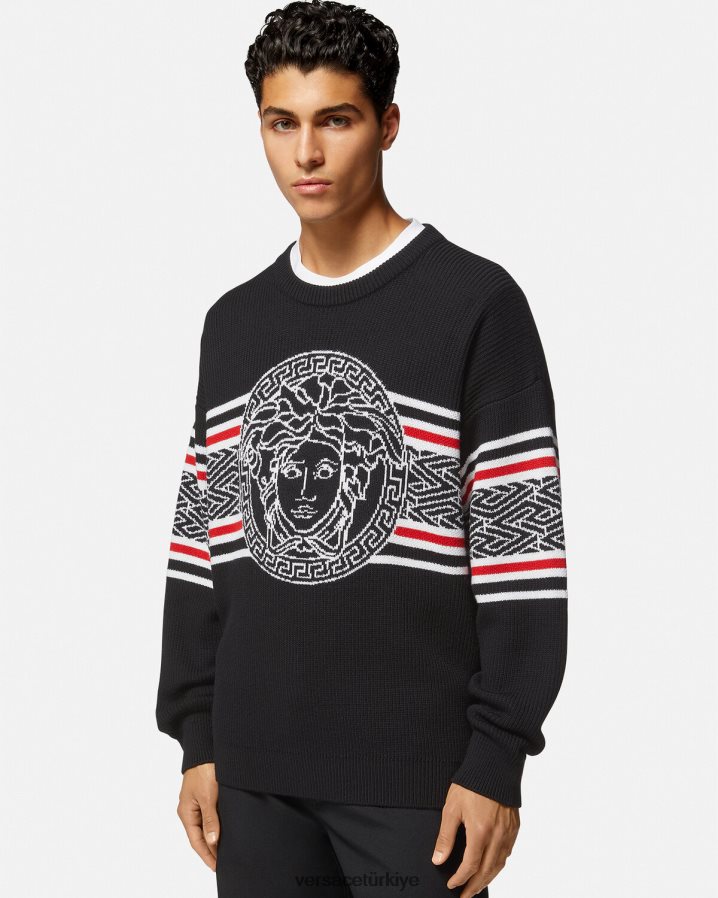 Versace medusa çizgili jakarlı kazak erkekler siyah Giyim B0HHR81344