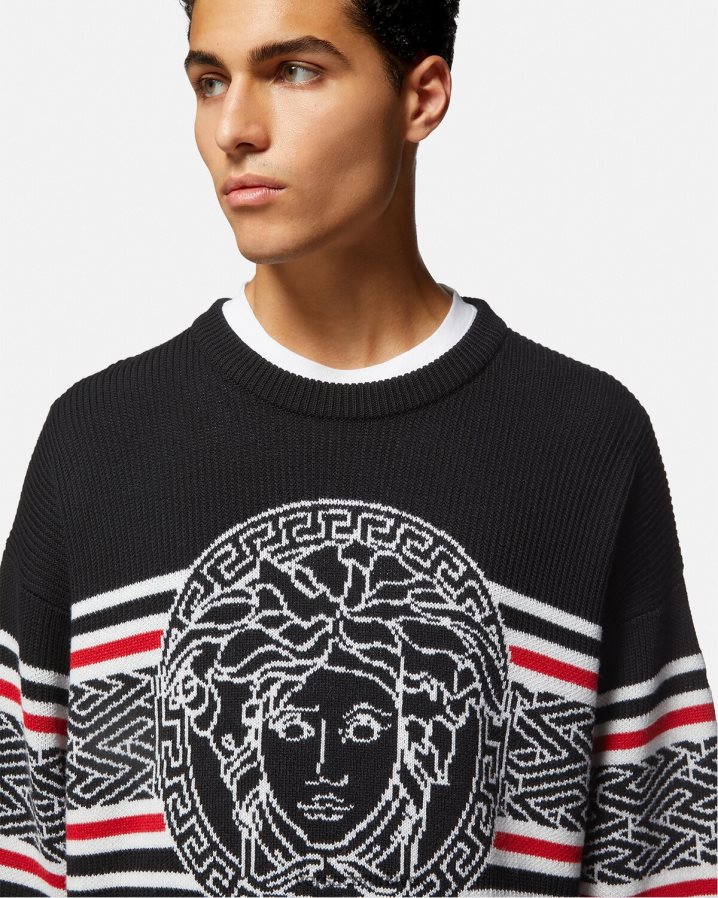 Versace medusa çizgili jakarlı kazak erkekler siyah Giyim B0HHR81344