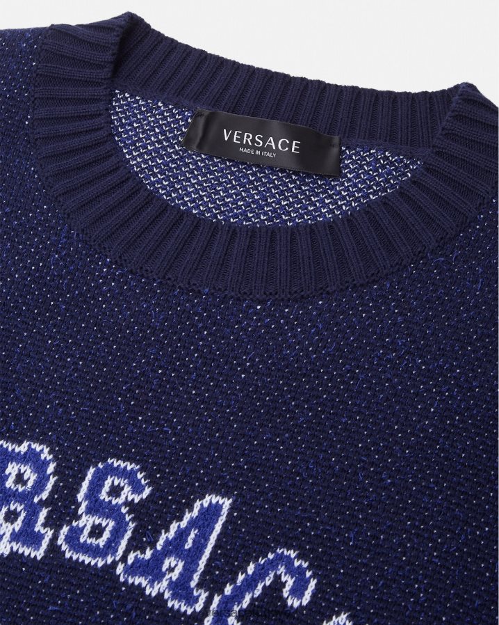 Versace üniversite logolu kakma kazak erkekler mavi Giyim B0HHR81349