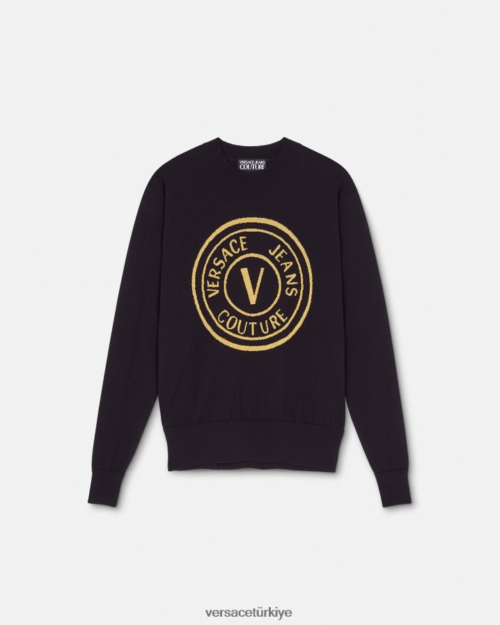 Versace v amblemli örgü yün kazak erkekler siyah ve baskı Giyim B0HHR82434