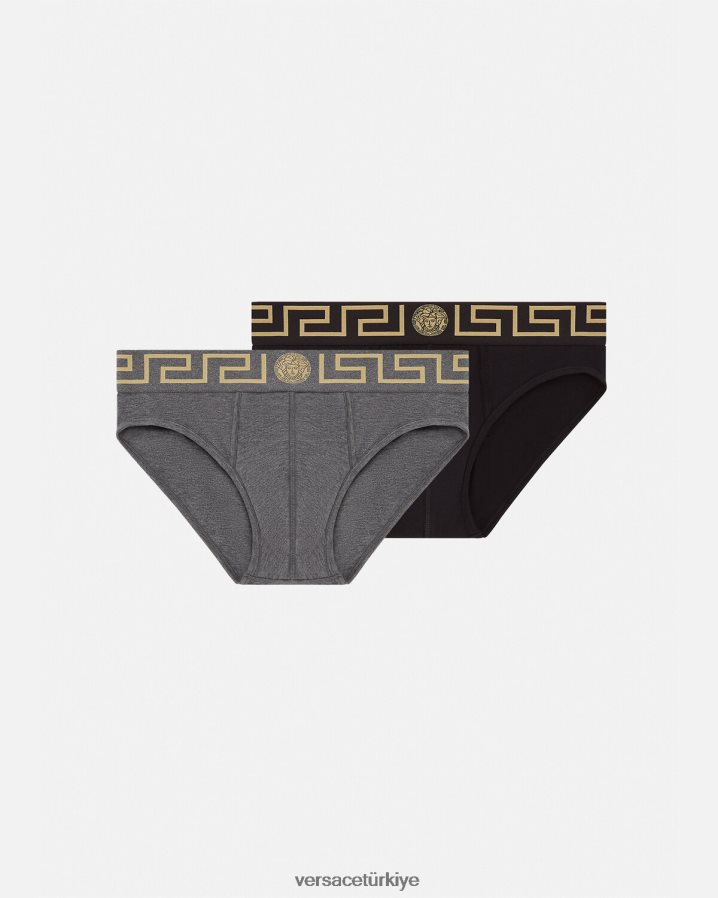 Versace Greca Bordür Külot 2'li Paket erkekler gri siyah iç çamaşırı ve plaj kıyafeti B0HHR81783