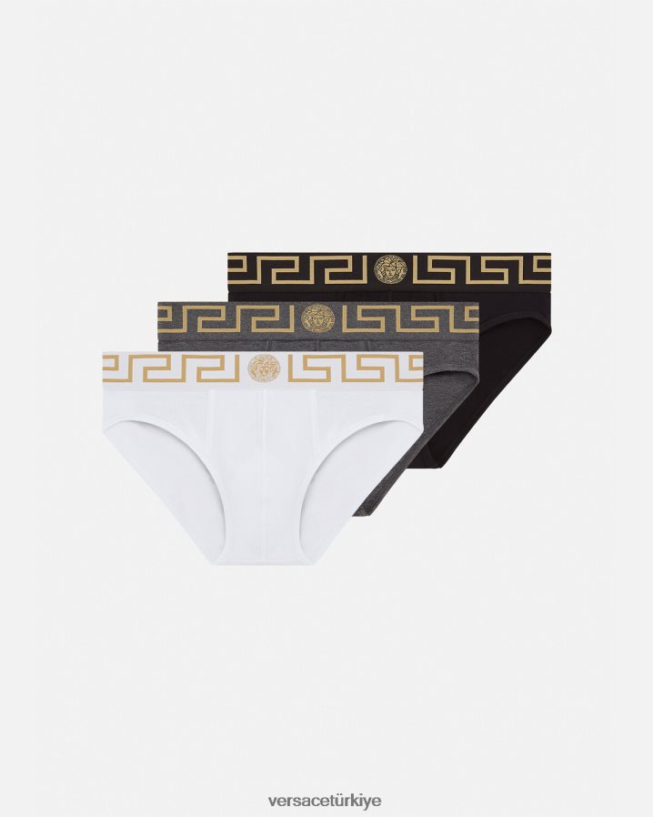 Versace Greca Bordür Külot 3'lü Paket erkekler beyaz & siyah & gri iç çamaşırı ve plaj kıyafeti B0HHR81779