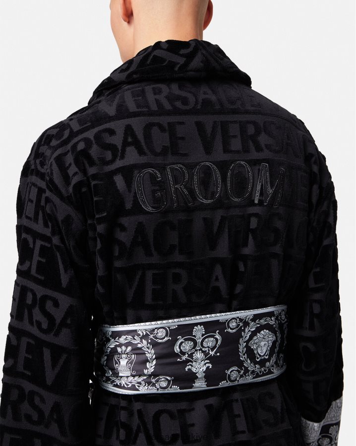 Versace kristal ve barok damat bornozu erkekler siyah iç çamaşırı ve plaj kıyafeti B0HHR81743