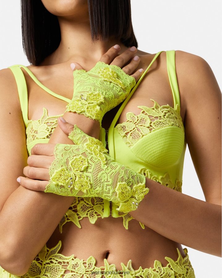 Versace işlemeli dantel parmaksız eldiven kadınlar kireç Aksesuarlar B0HHR8914