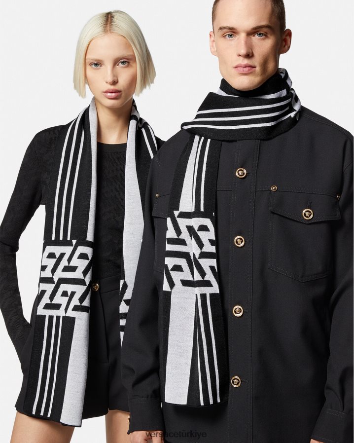 Versace la greca çizgili örgü atkı kadınlar siyah beyaz Aksesuarlar B0HHR8933