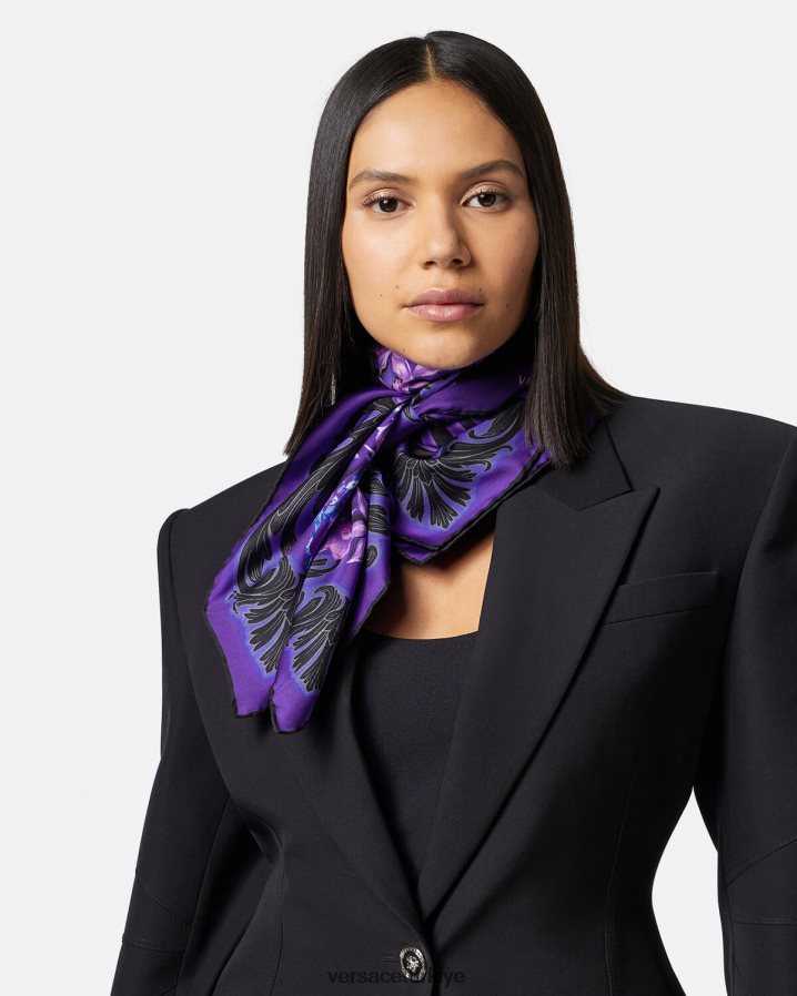 Versace orkide barocco büyük ipek fular kadınlar menekşe ve baskı Aksesuarlar B0HHR8919