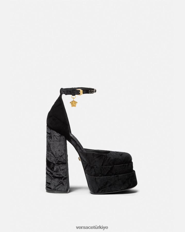 Versace medusa aevitas kadife platformlu pompalar kadınlar siyah ayakkabı B0HHR8428