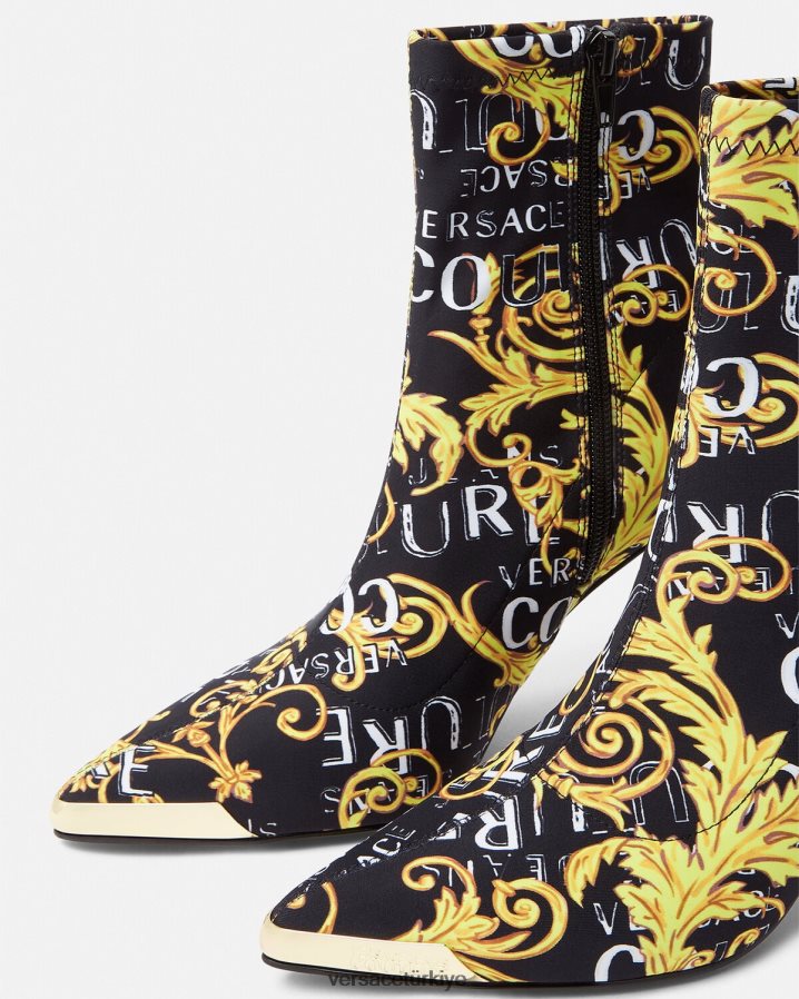 Versace Scarlett logolu couture çizmeler kadınlar siyah altın ayakkabı B0HHR82306