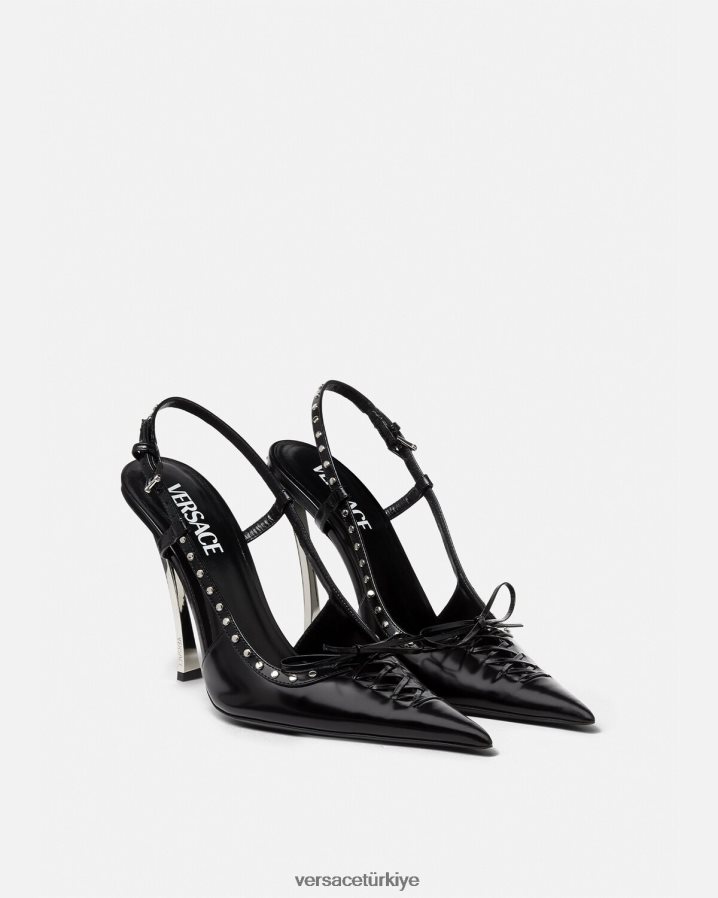 Versace bağcıklı pin-point arkası açık iskarpin pompalar kadınlar siyah ayakkabı B0HHR8382