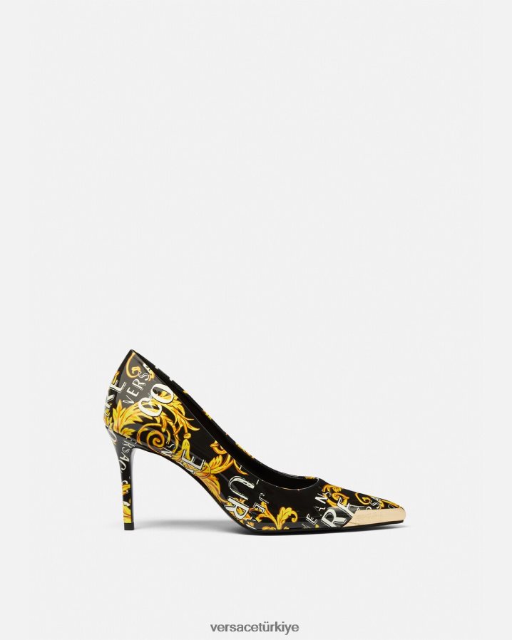 Versace Scarlett logolu couture pompalar kadınlar siyah altın ayakkabı B0HHR82304