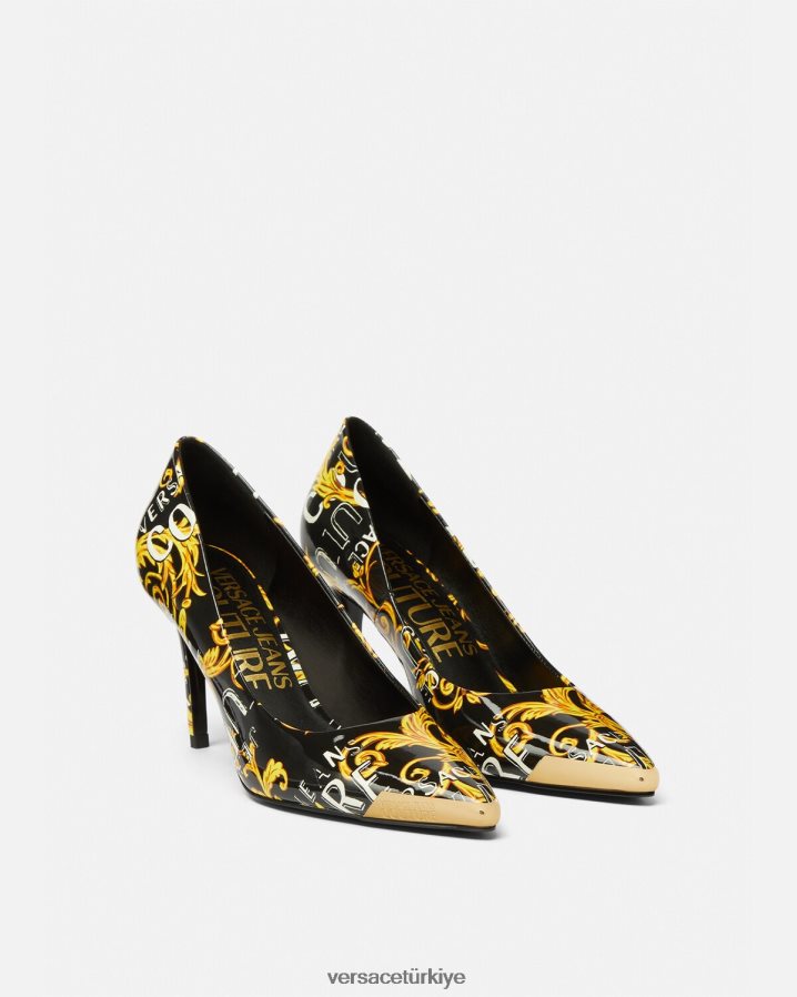 Versace Scarlett logolu couture pompalar kadınlar siyah altın ayakkabı B0HHR82304