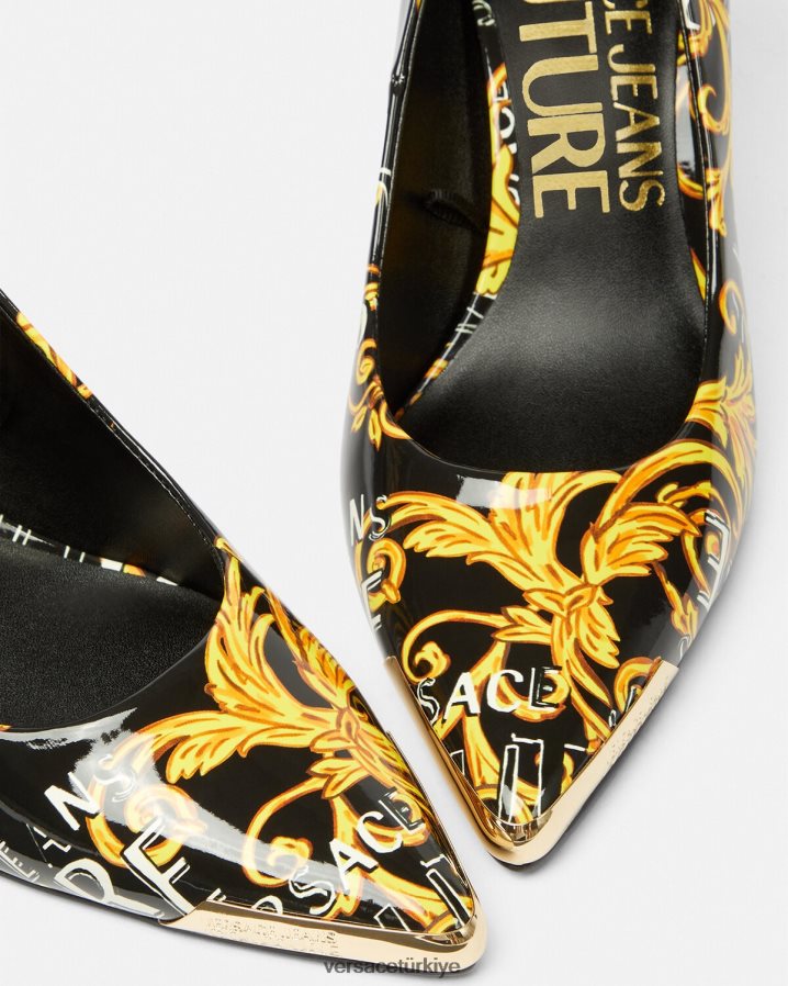 Versace Scarlett logolu couture pompalar kadınlar siyah altın ayakkabı B0HHR82304