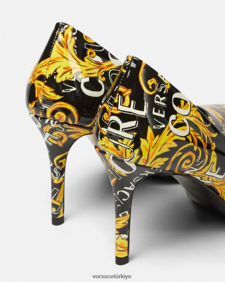 Versace Scarlett logolu couture pompalar kadınlar siyah altın ayakkabı B0HHR82304