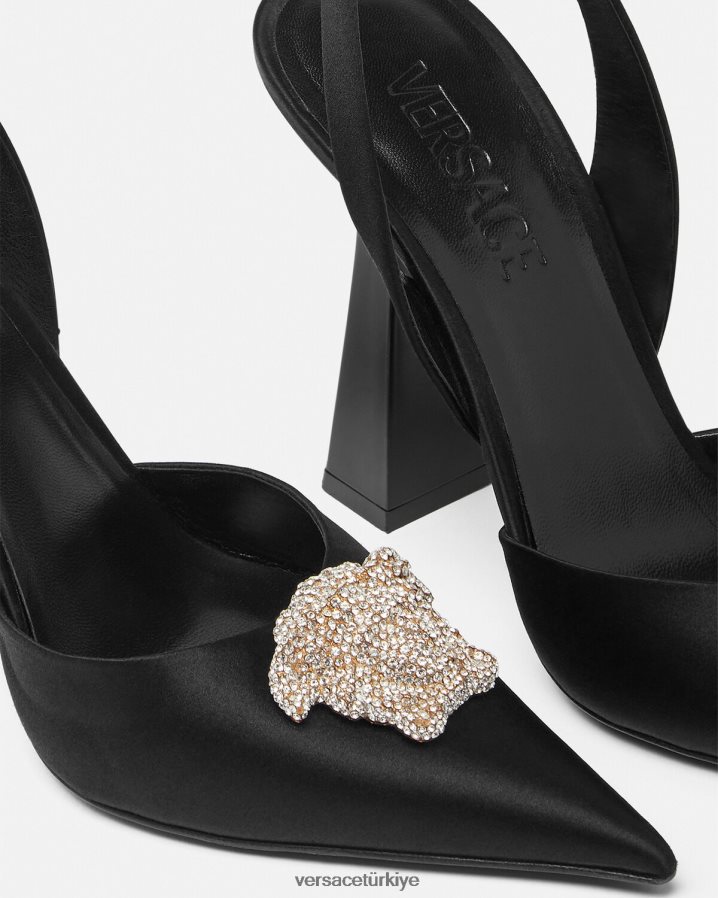 Versace kristal la medusa saten askılı pompalar kadınlar siyah ayakkabı B0HHR8486