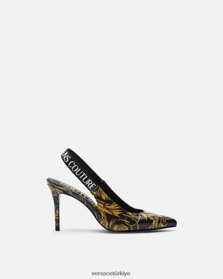 Versace logo couture arkası açık topuklu pompalar kadınlar siyah altın ayakkabı B0HHR82308
