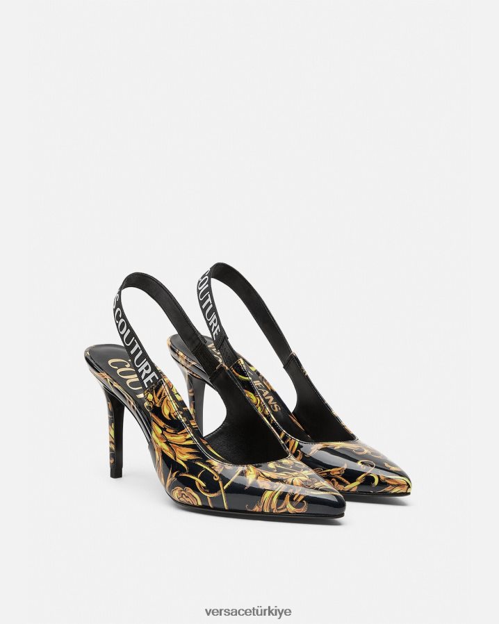 Versace logo couture arkası açık topuklu pompalar kadınlar siyah altın ayakkabı B0HHR82308