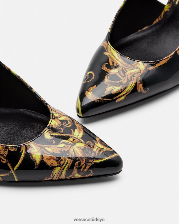 Versace logo couture arkası açık topuklu pompalar kadınlar siyah altın ayakkabı B0HHR82308