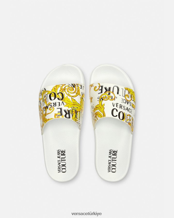 Versace Shelly logo couture slaytları kadınlar altın ve beyaz ayakkabı B0HHR82309