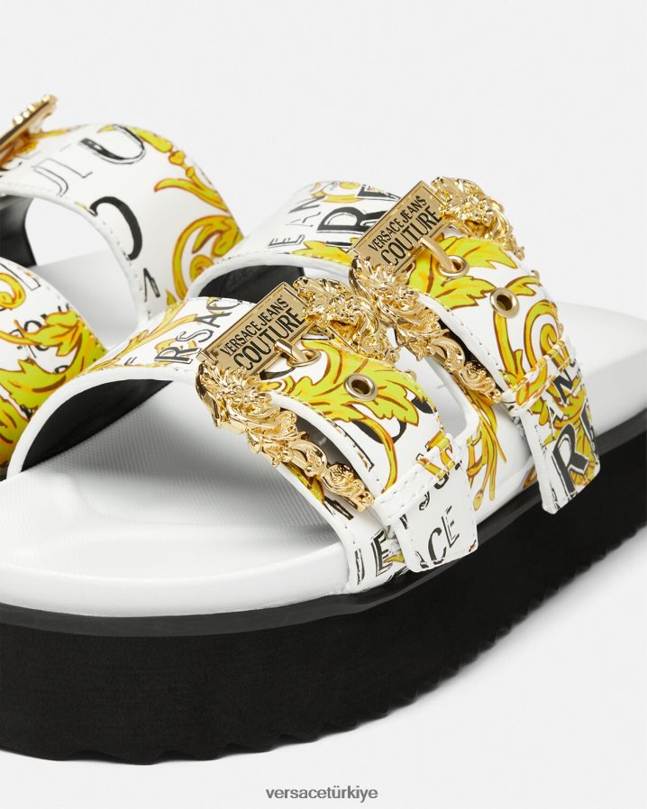Versace arizona logolu couture sandaletler kadınlar altın ve beyaz ayakkabı B0HHR82275