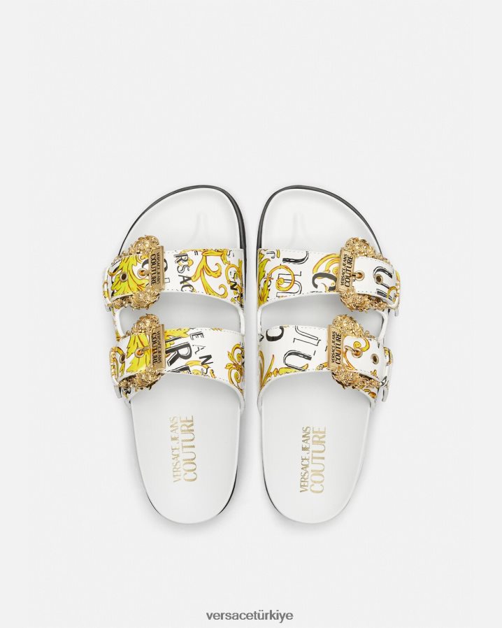 Versace arizona logolu couture sandaletler kadınlar altın ve beyaz ayakkabı B0HHR82275