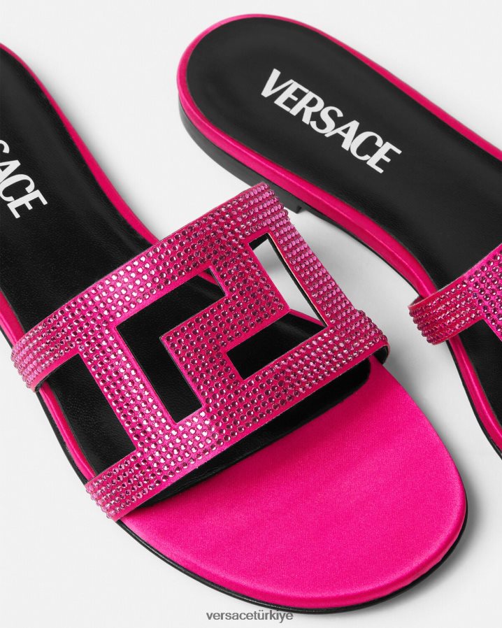 Versace greca labirent kristal düz sandalet kadınlar pembe ayakkabı B0HHR8471