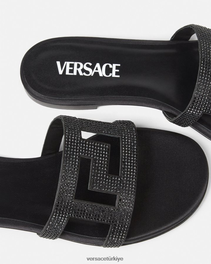Versace greca labirent kristal düz sandalet kadınlar siyah ayakkabı B0HHR8472