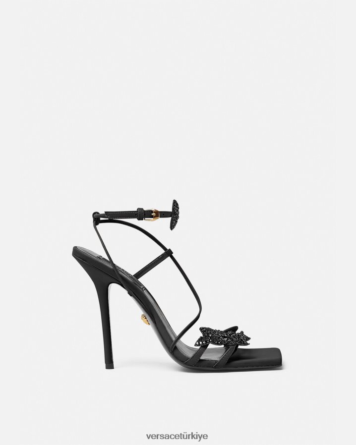 Versace kristal kelebekler saten sandalet kadınlar siyah ayakkabı B0HHR8436