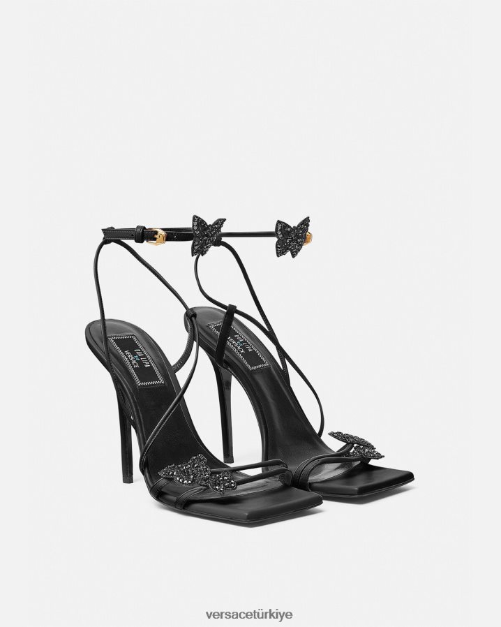Versace kristal kelebekler saten sandalet kadınlar siyah ayakkabı B0HHR8436