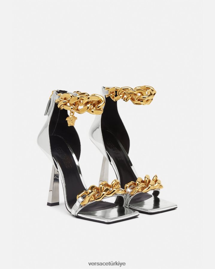 Versace medusa metalik zincir sandalet kadınlar gümüş ayakkabı B0HHR8464