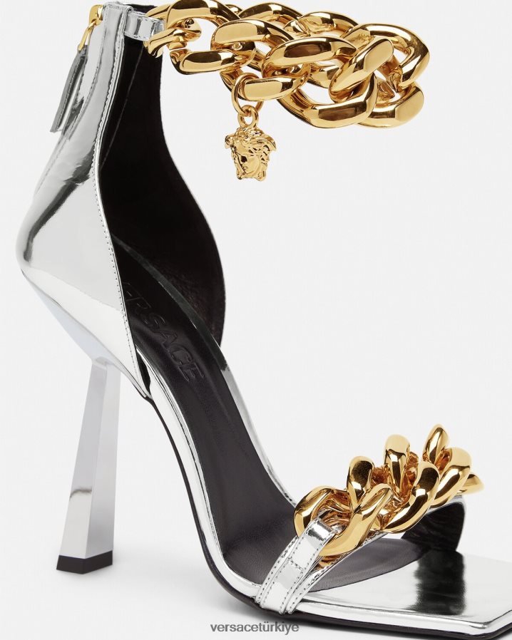 Versace medusa metalik zincir sandalet kadınlar gümüş ayakkabı B0HHR8464