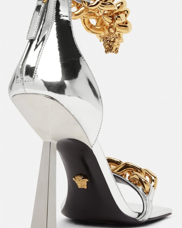 Versace medusa metalik zincir sandalet kadınlar gümüş ayakkabı B0HHR8464
