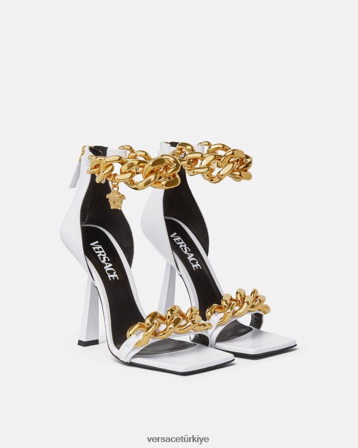 Versace medusa zincirli yüksek topuklu sandalet kadınlar beyaz ayakkabı B0HHR8446
