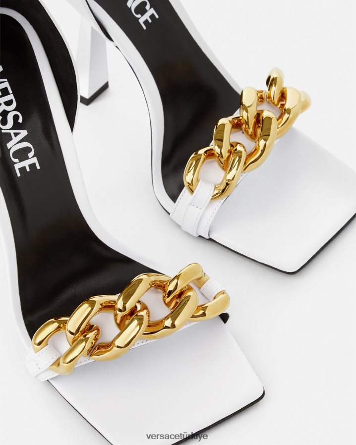 Versace medusa zincirli yüksek topuklu sandalet kadınlar beyaz ayakkabı B0HHR8446