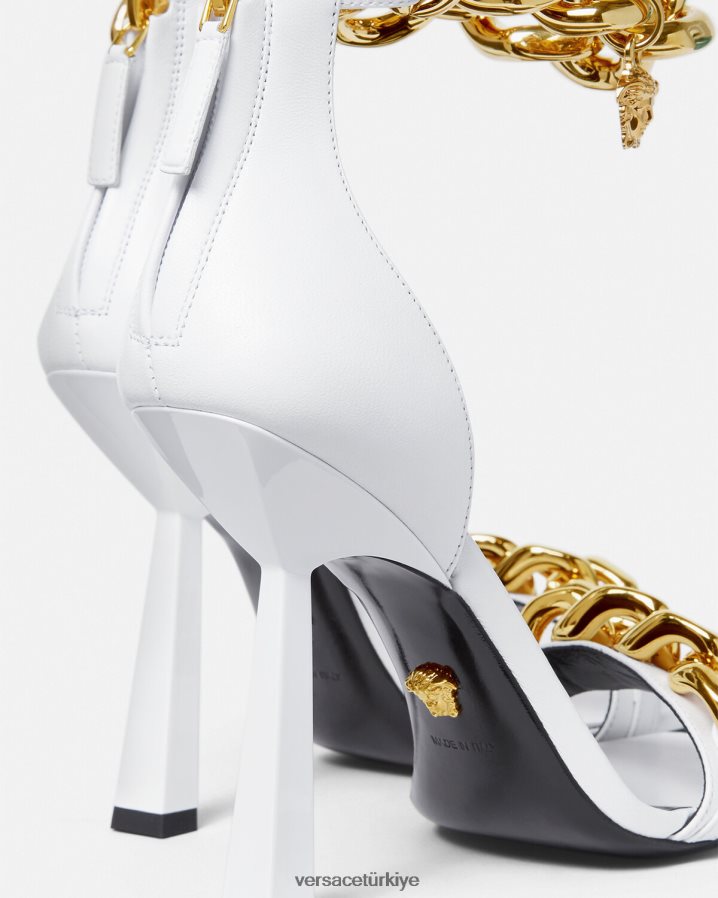 Versace medusa zincirli yüksek topuklu sandalet kadınlar beyaz ayakkabı B0HHR8446