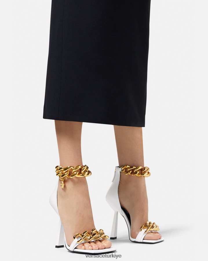 Versace medusa zincirli yüksek topuklu sandalet kadınlar beyaz ayakkabı B0HHR8446