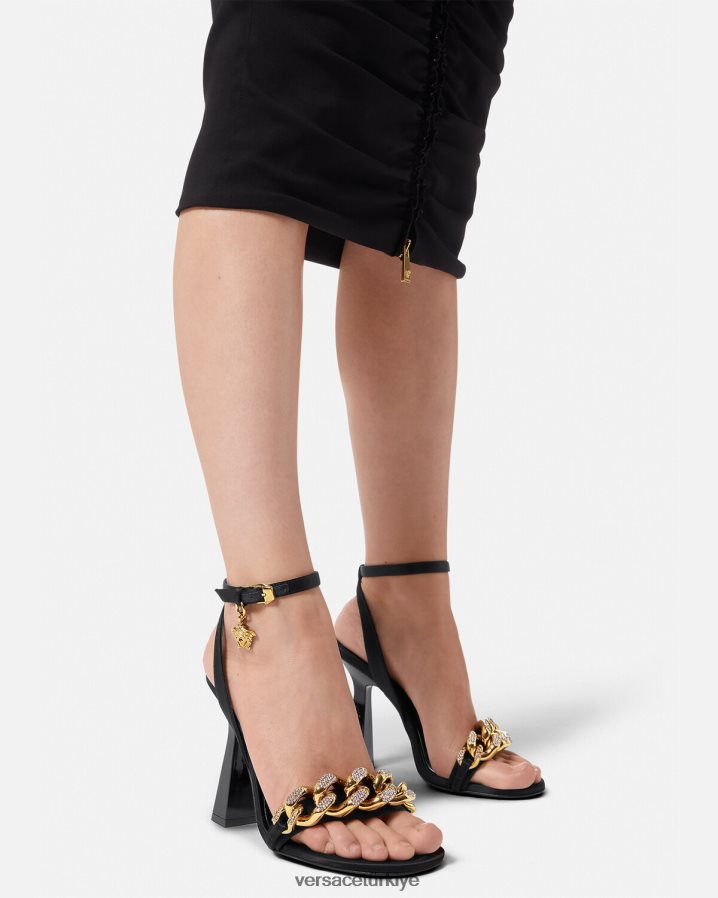 Versace medusa zincirli yüksek topuklu sandalet kadınlar siyah ayakkabı B0HHR8463